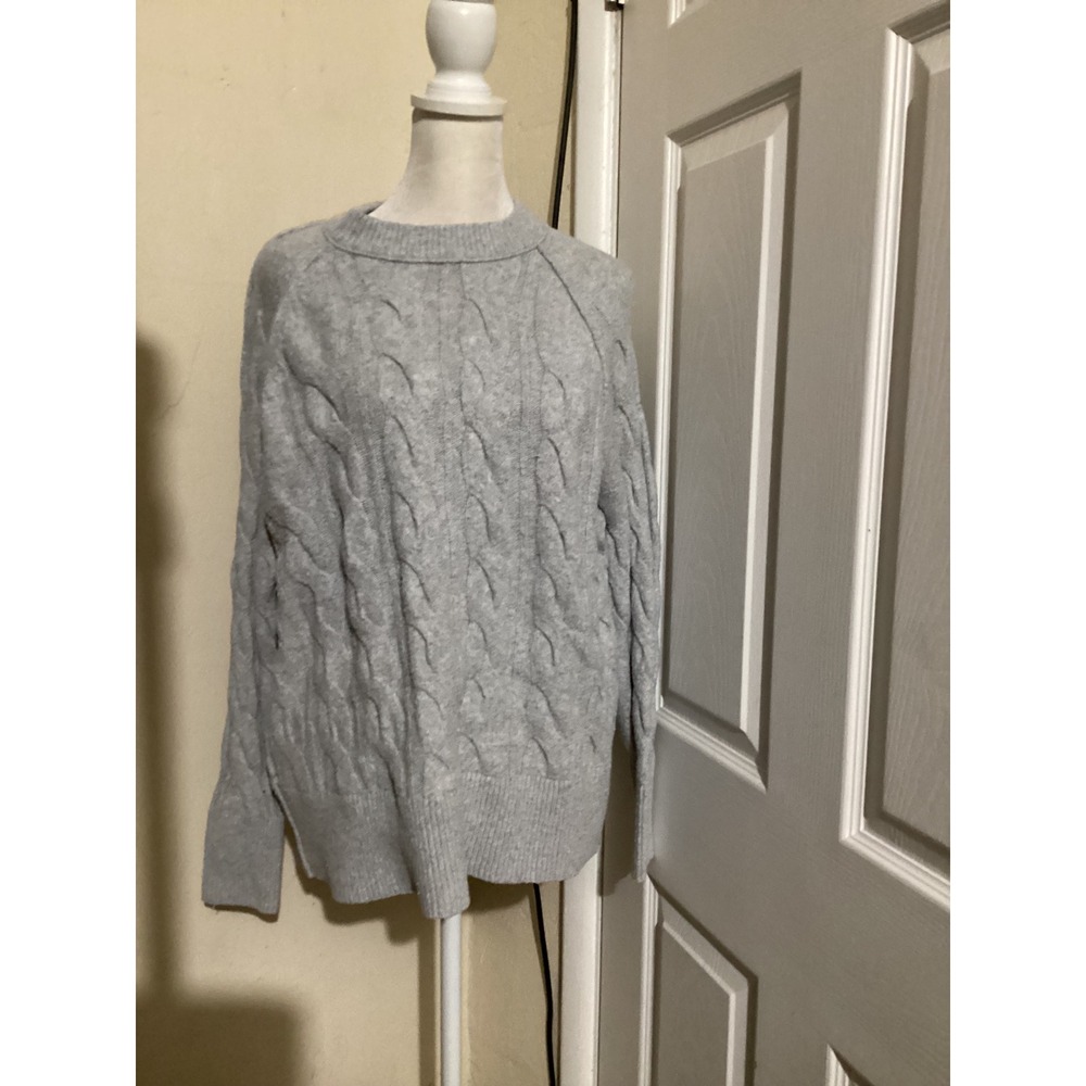 Aerie Womens Gray Cable Knit Crewneck Sweater XS Recycled Blend Raglan Sleeve